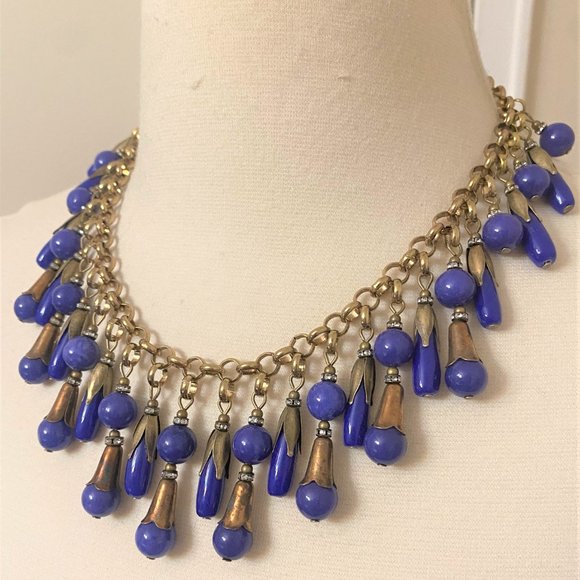 Vintage Antique Brass & Blue Glass & Rhinestone Dangle Necklace - Picture 8 of 9